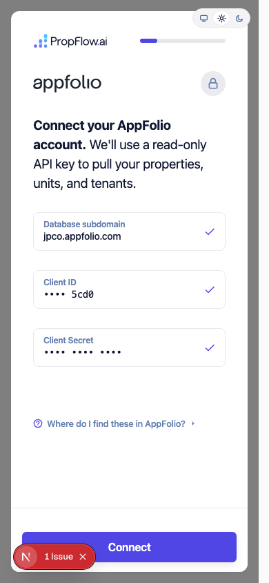 Same AppFolio connect screen on a 390px phone
