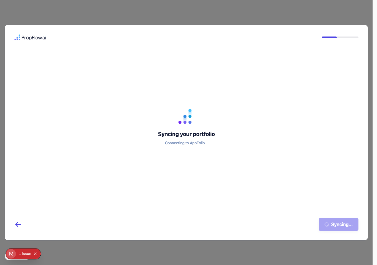 Connecting screen showing live progress: Verifying your PropFlow account, Checking format, Reaching your AppFolio, Verifying credentials