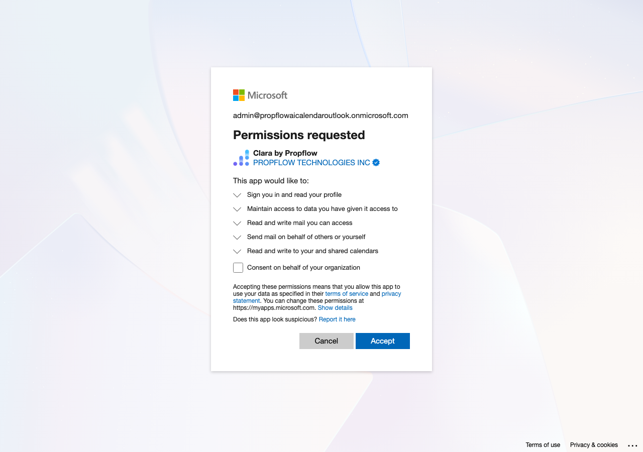 Admin consent screen: Clara by Propflow, verified publisher PropFlow Technologies Inc, requesting mail and calendar permissions
