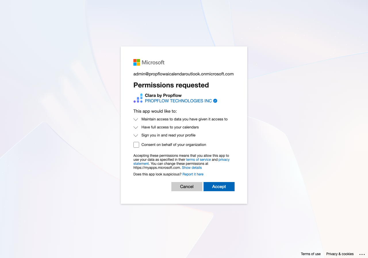 Per-person calendar consent screen: Clara by Propflow, verified publisher, requesting calendar-only access