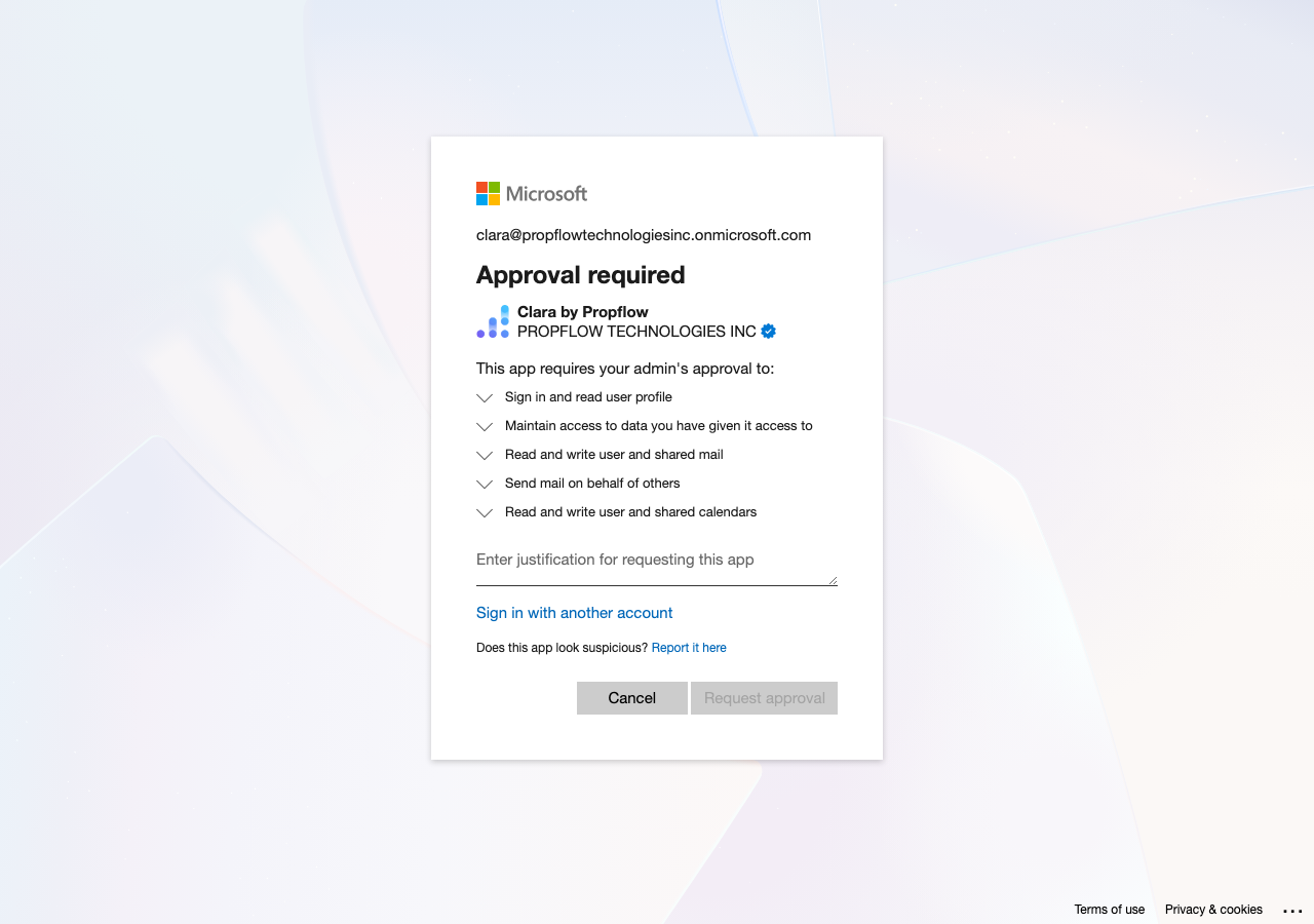 Approval-required screen for a regular employee whose tenant blocks user consent, still showing the verified publisher badge