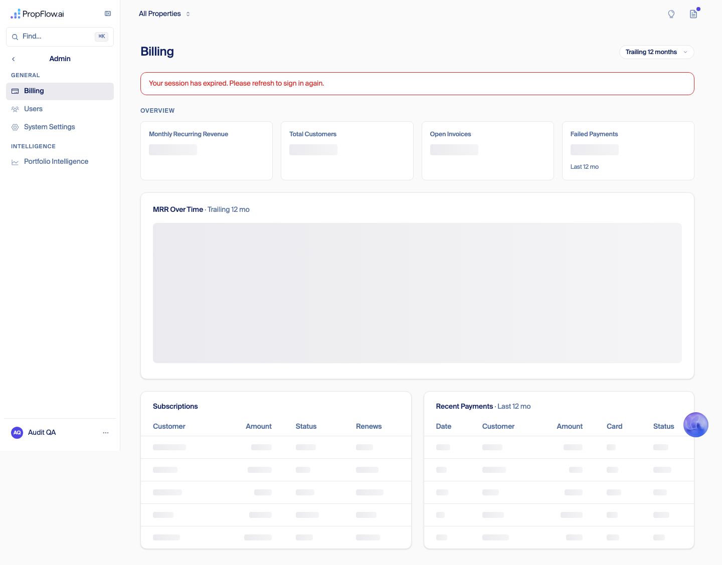 Admin Billing page showing a session expired error above empty tables