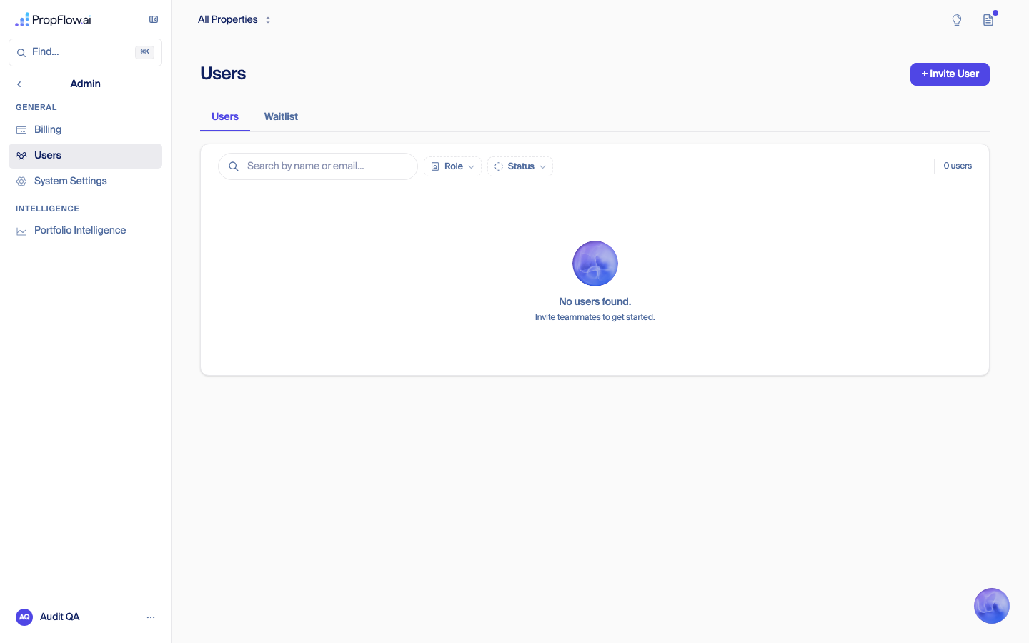 Admin Users page showing 0 users