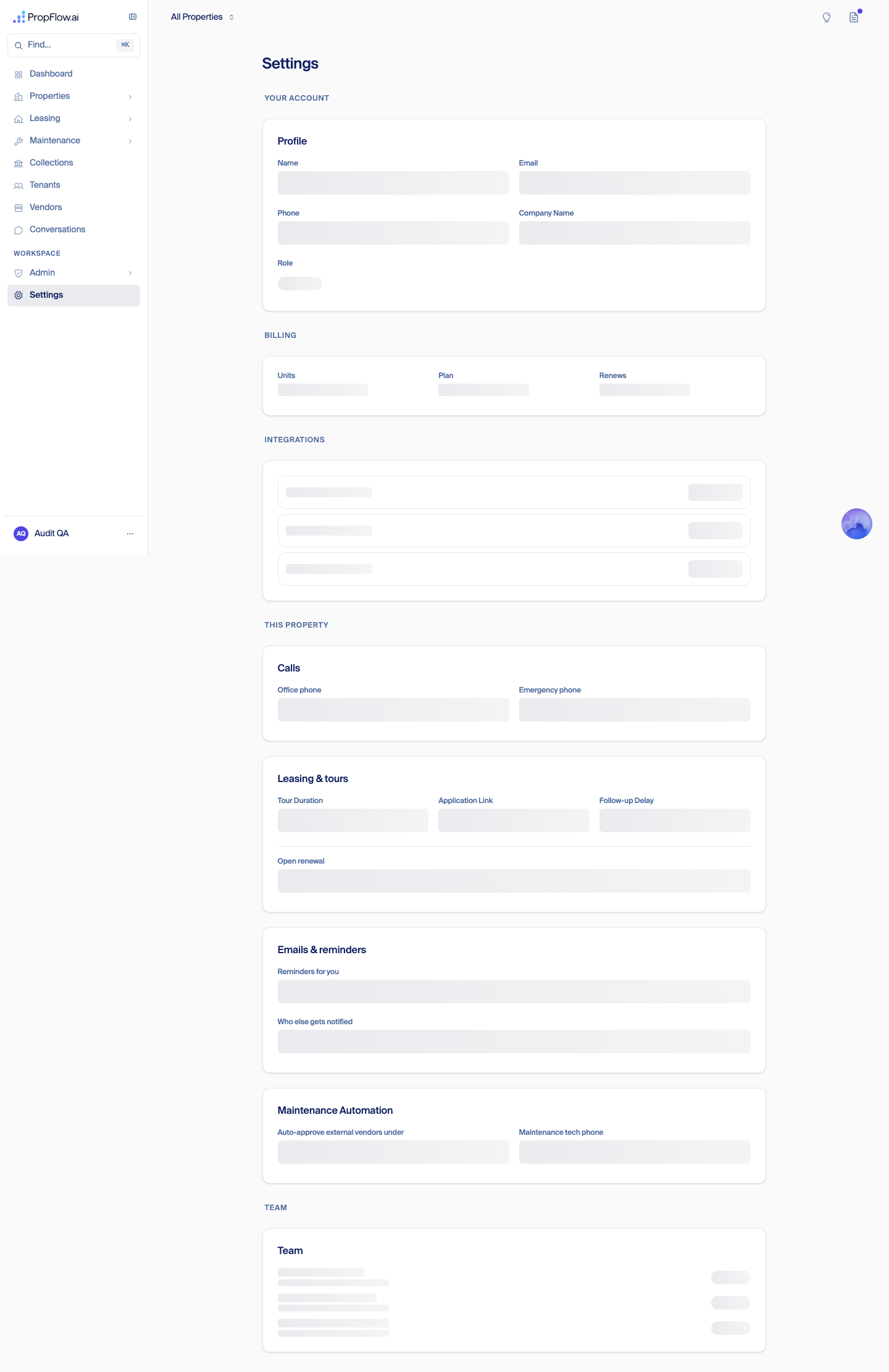 Settings page fully loaded with profile, billing, and integrations sections
