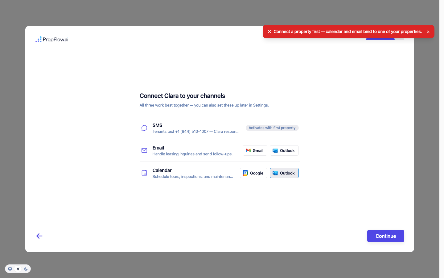 Channels screen with a red toast reading Connect a property first