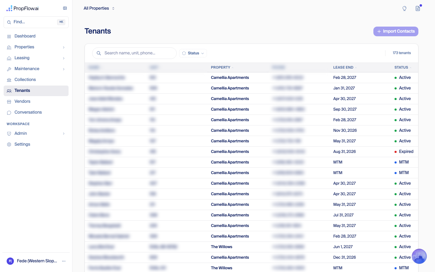 Tenants list, 173 rows, names and phone numbers blurred