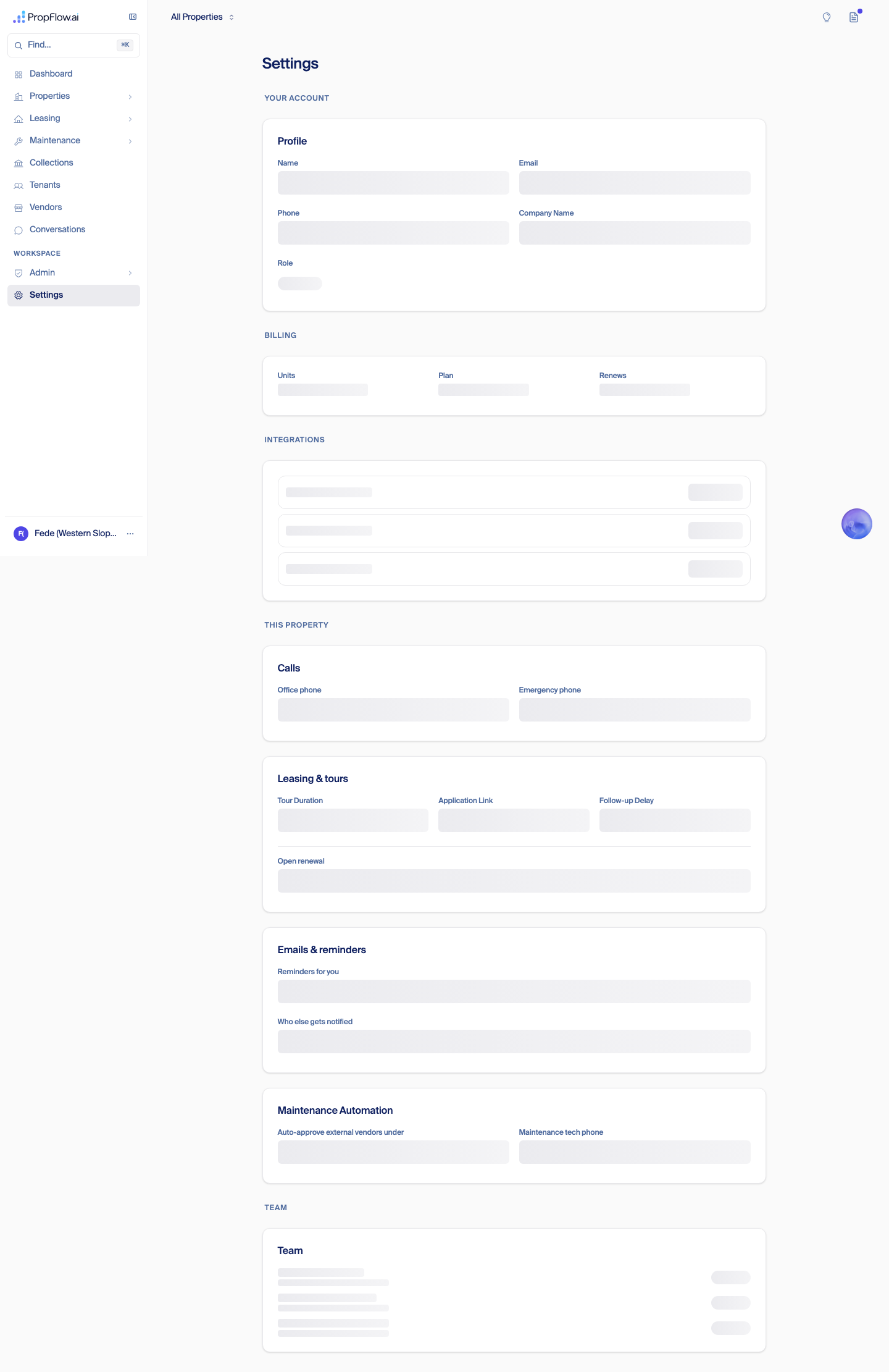 Settings page with profile, billing, integrations sections