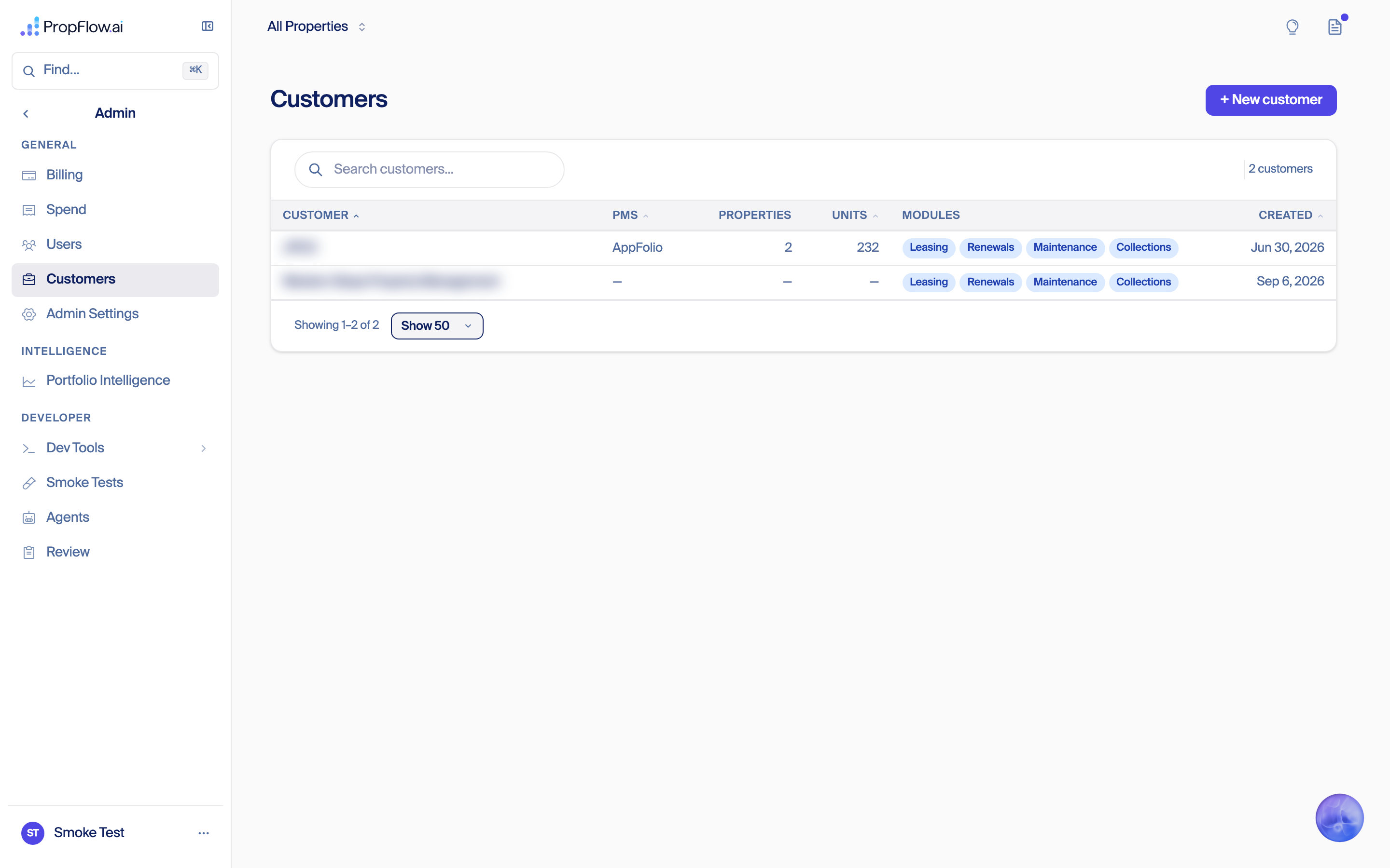 Admin Customers list showing every PropFlow customer