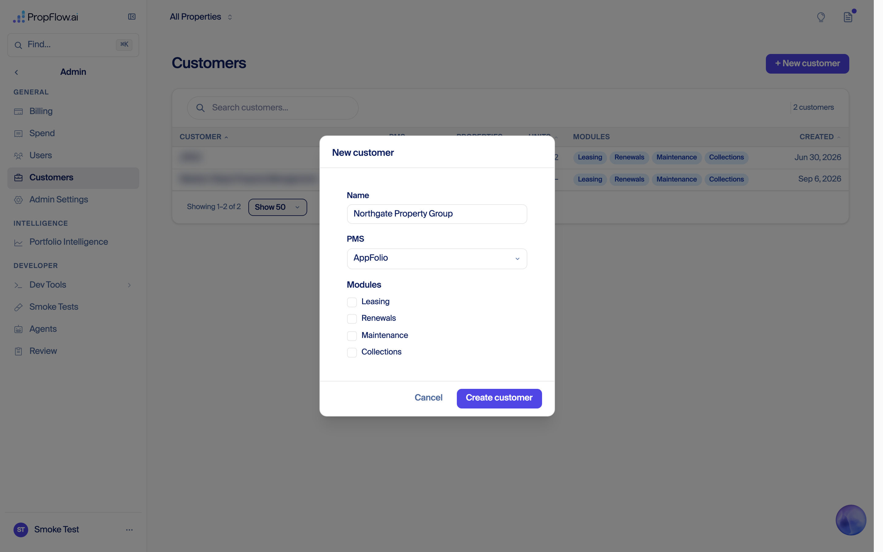 New customer form filled in with a company name and AppFolio selected