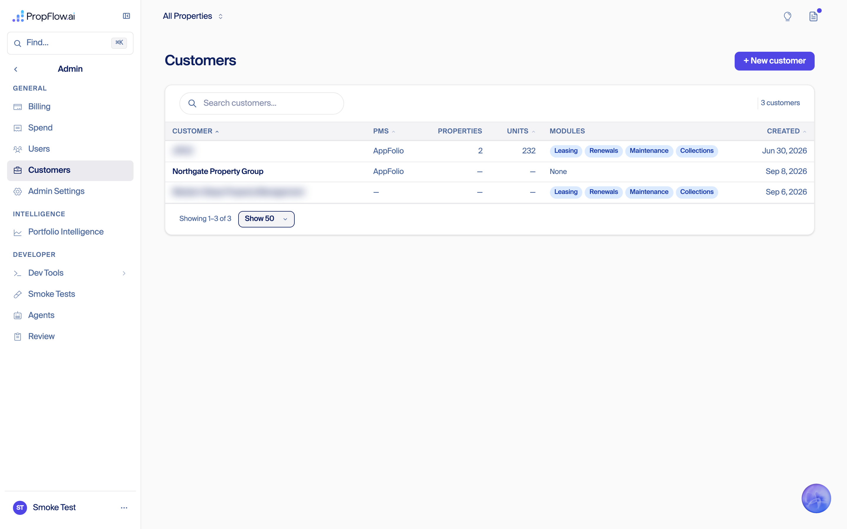 Customer list with the new company added, no properties or units yet