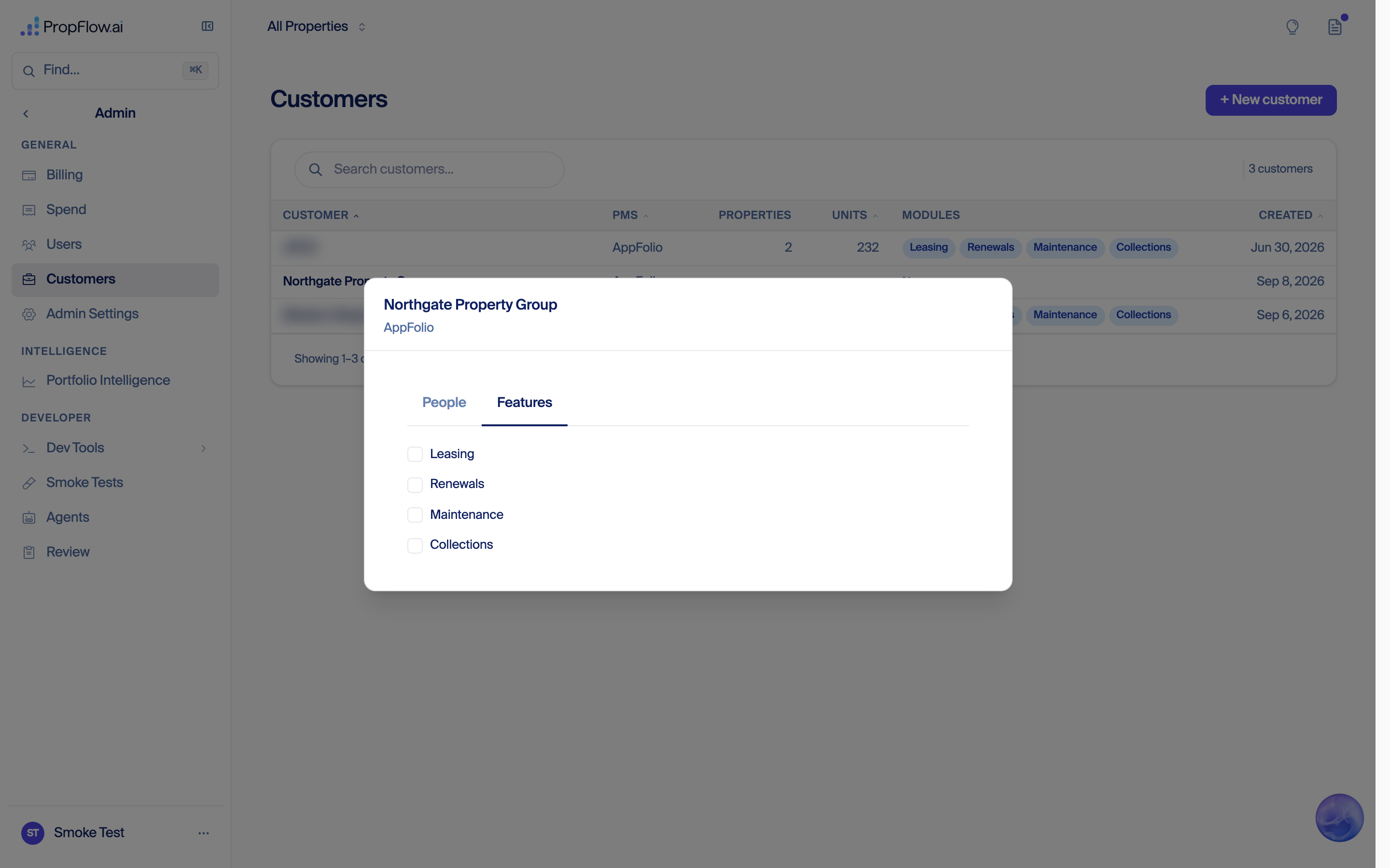 Features tab with Leasing, Renewals, Maintenance and Collections all unticked