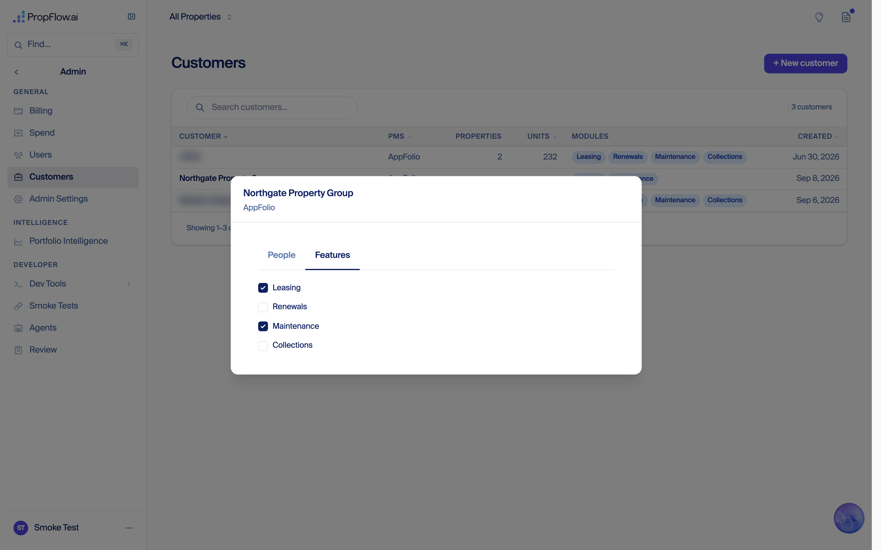 Features tab with Leasing and Maintenance ticked