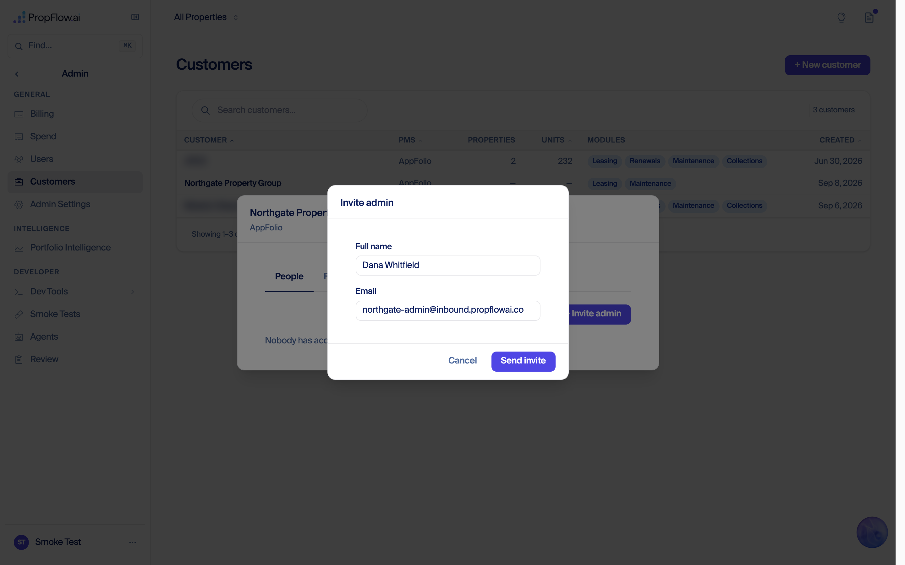 Invite admin form with a full name and an email address