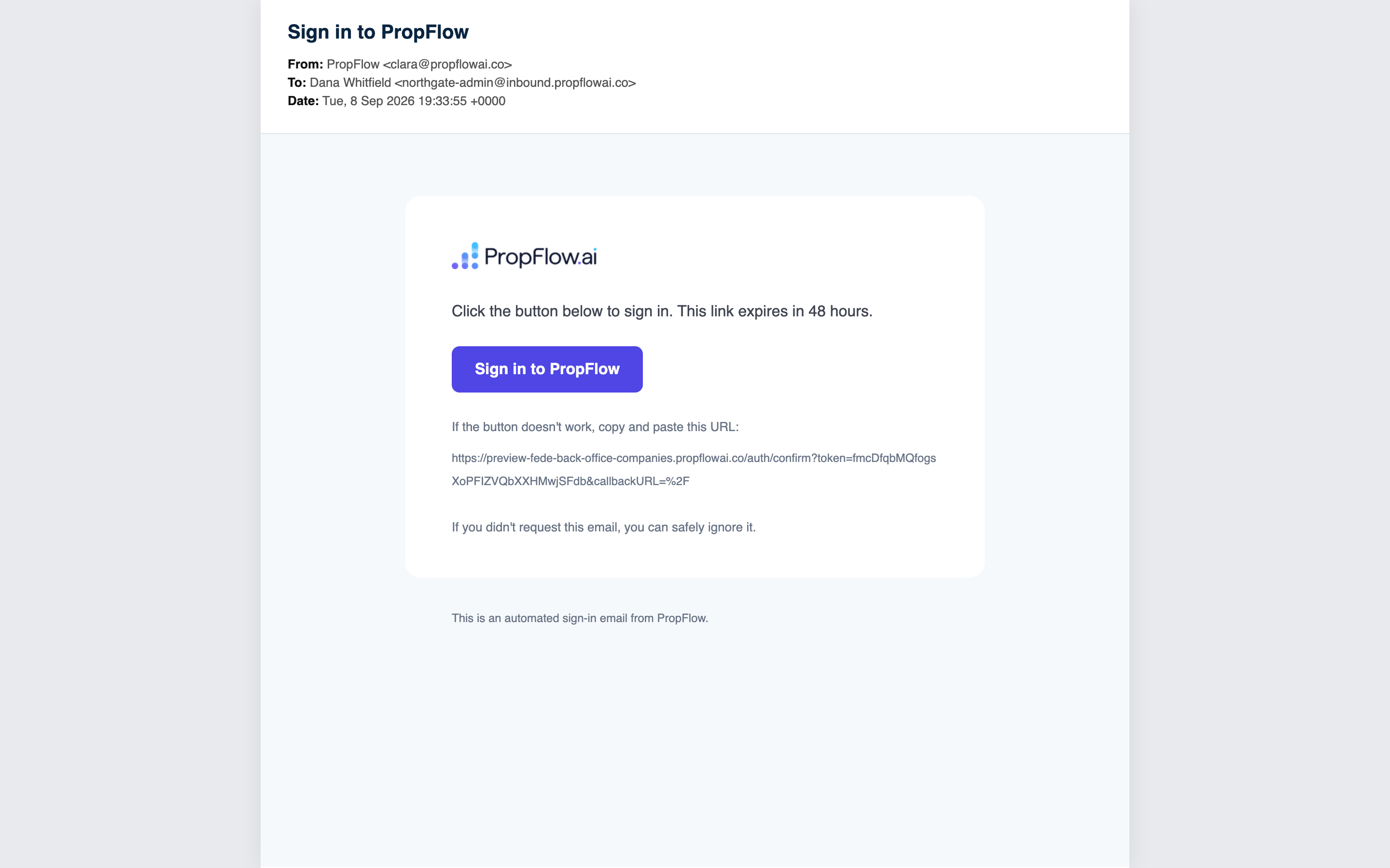 Sign in to PropFlow email with one button and the same link written out below it