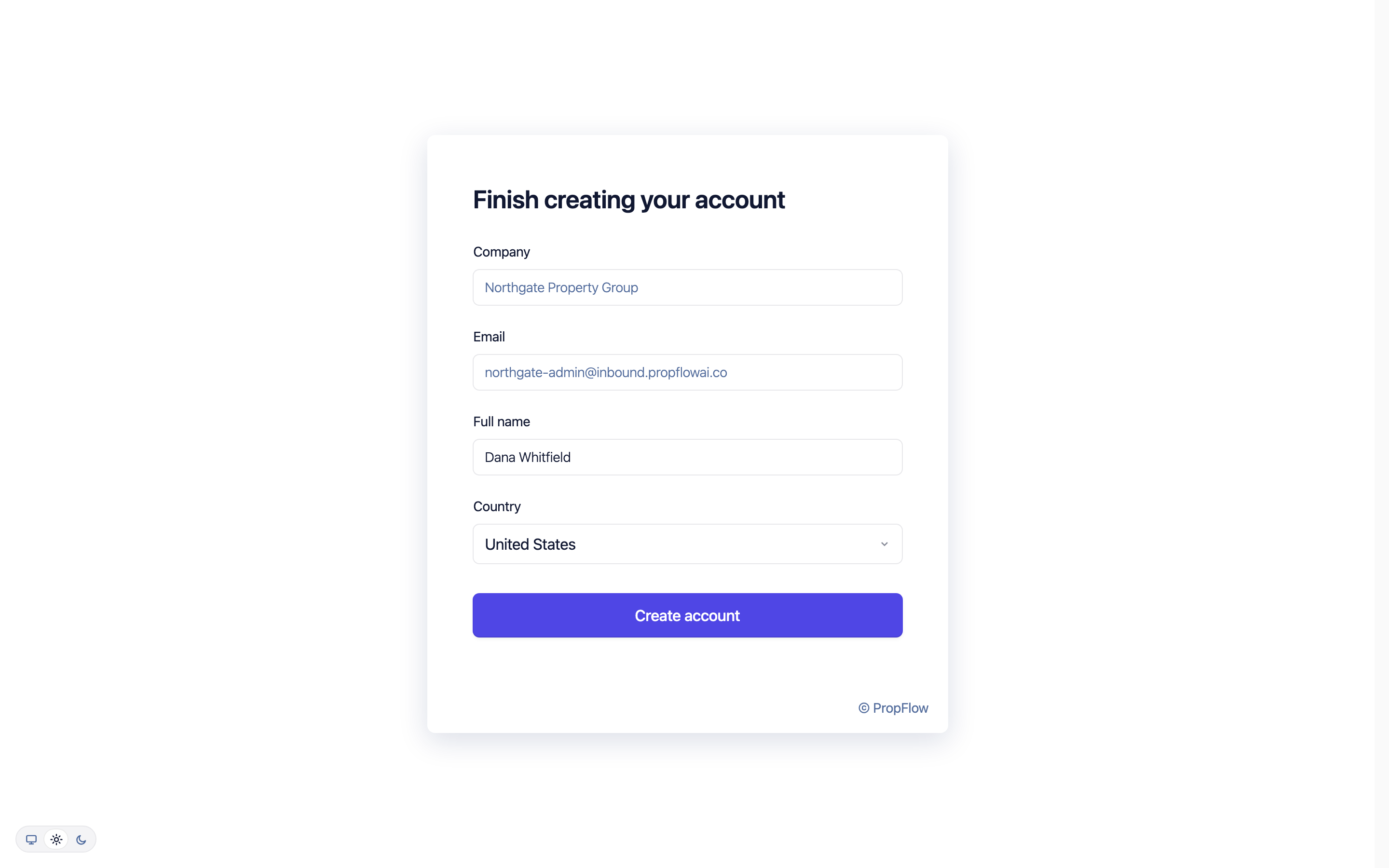 Finish creating your account form with company and email already filled in