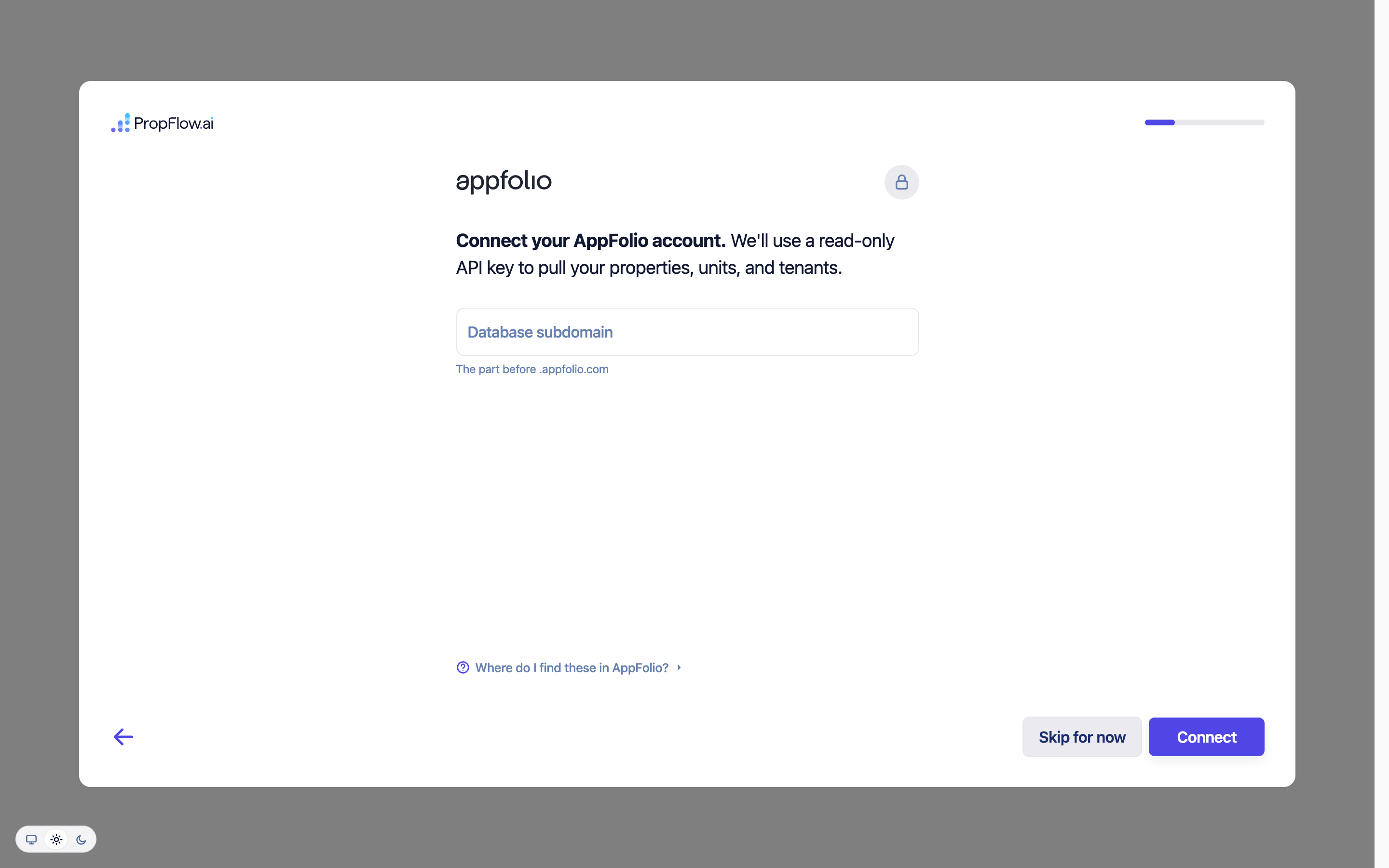 Connect your AppFolio account step with a Skip for now button
