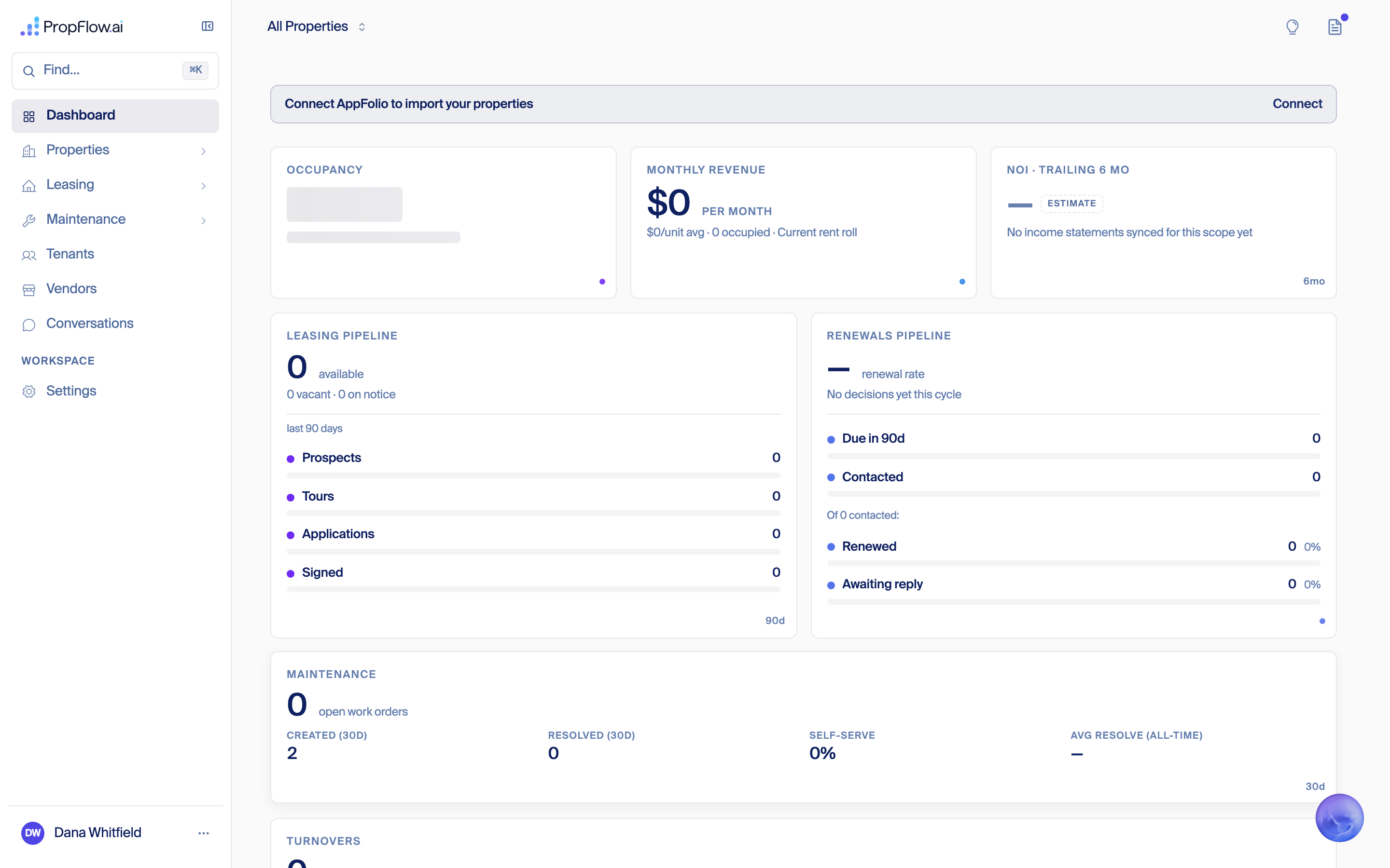 Landing dashboard with a connect AppFolio banner and mostly zero figures
