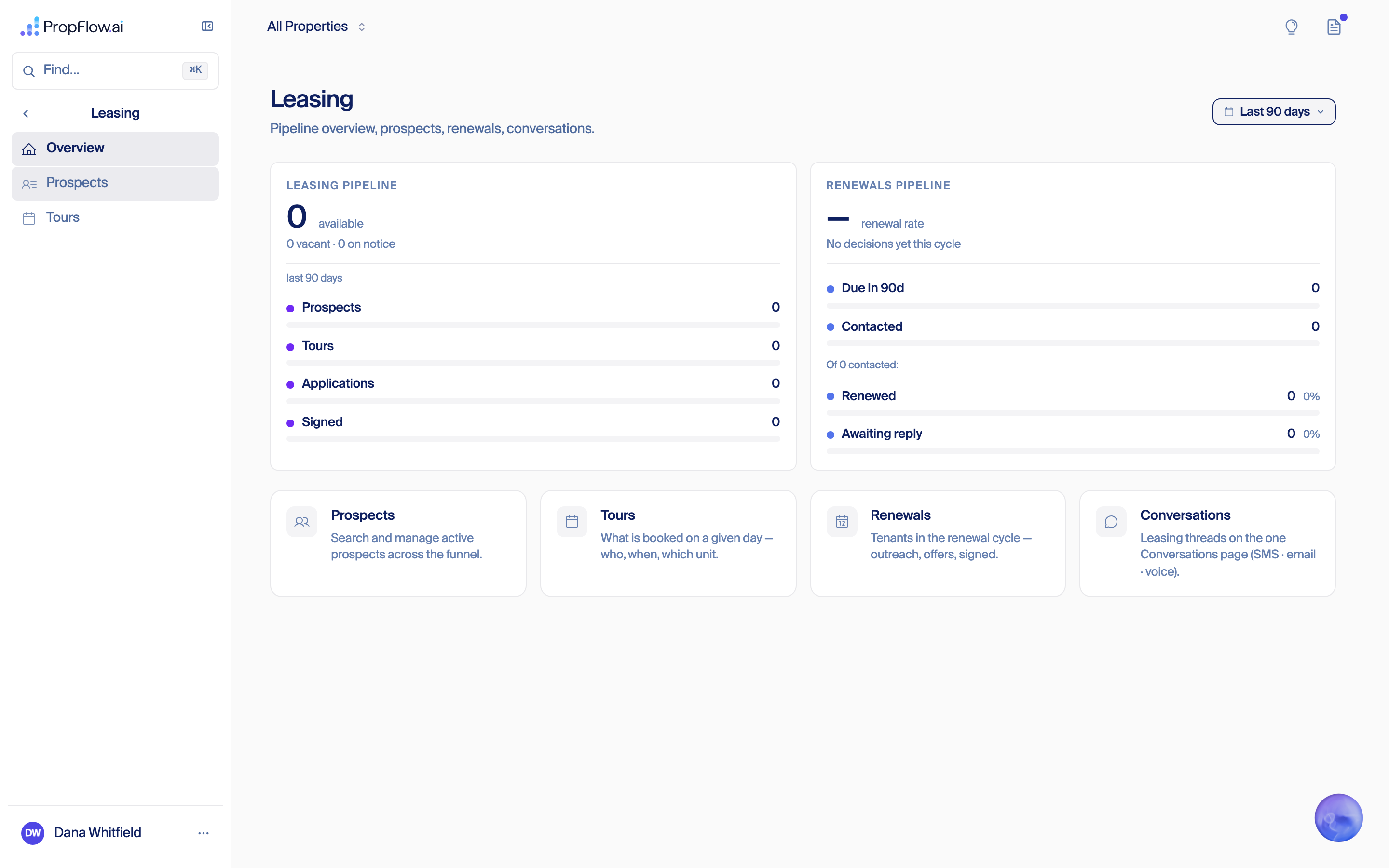 Leasing section with Overview, Prospects and Tours in the left rail and no Renewals