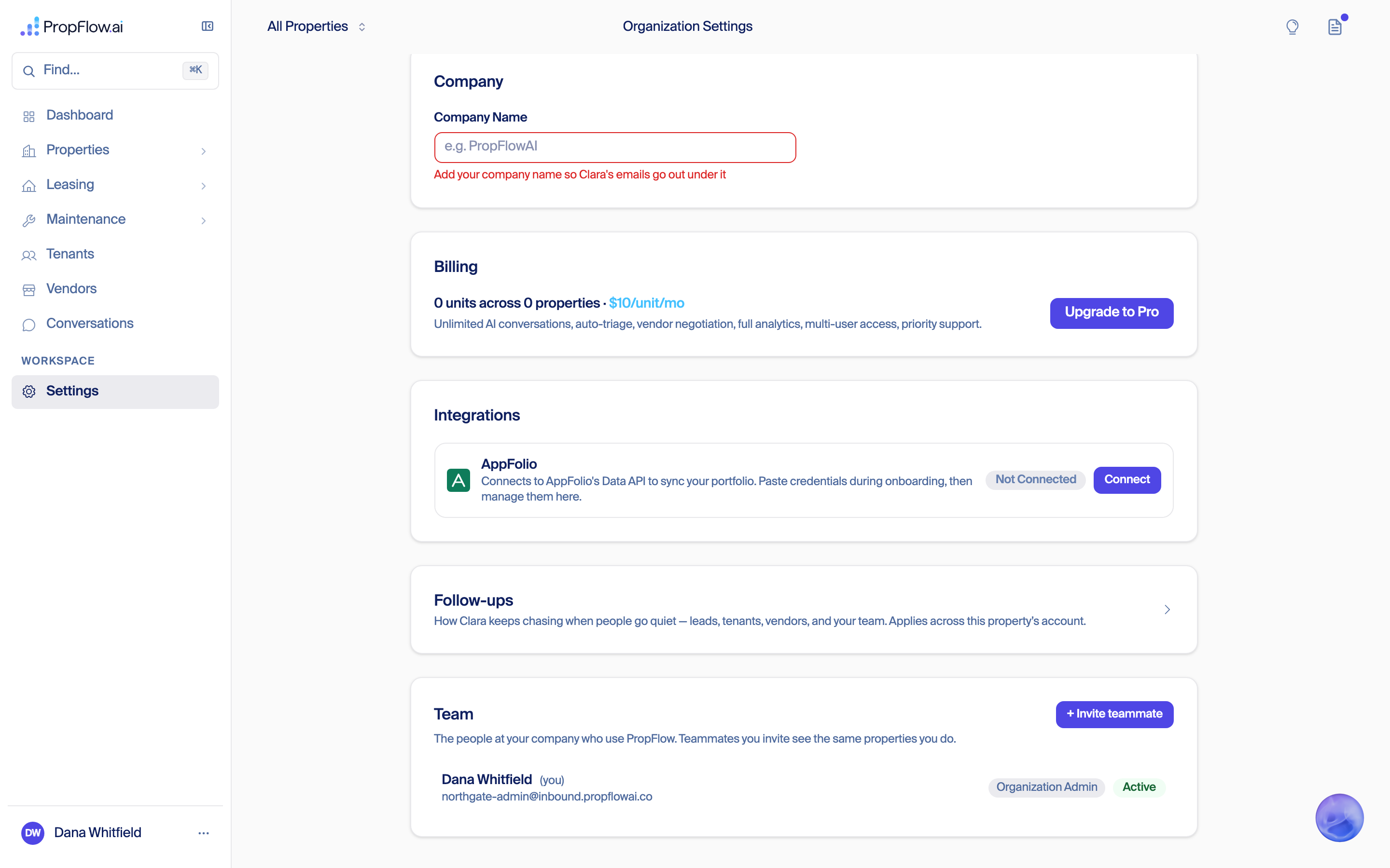 Organization Settings showing company, billing, AppFolio not connected, follow-ups and the Team block