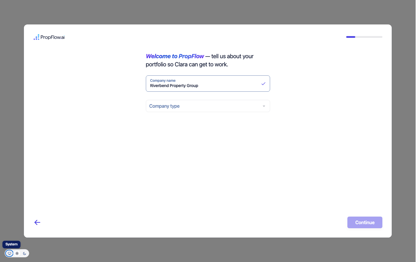 Company name, type, and portfolio size fields revealed progressively