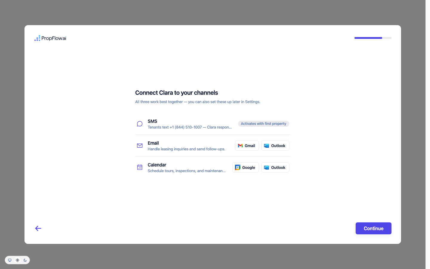 SMS, Email, Calendar channel connect buttons