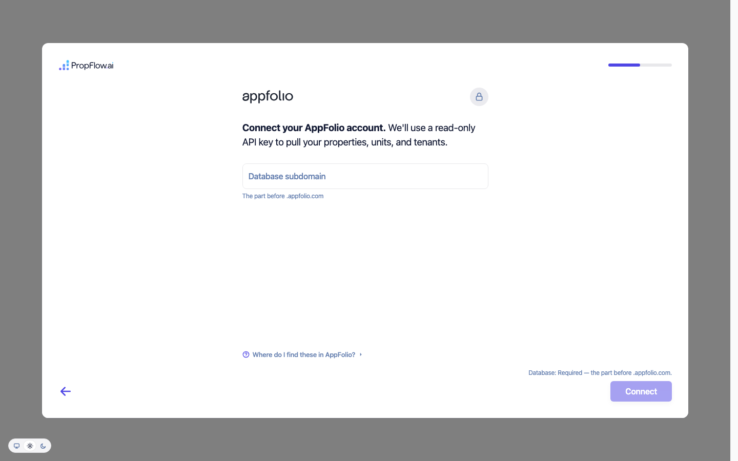 Connect your AppFolio account, database subdomain field, Connect button