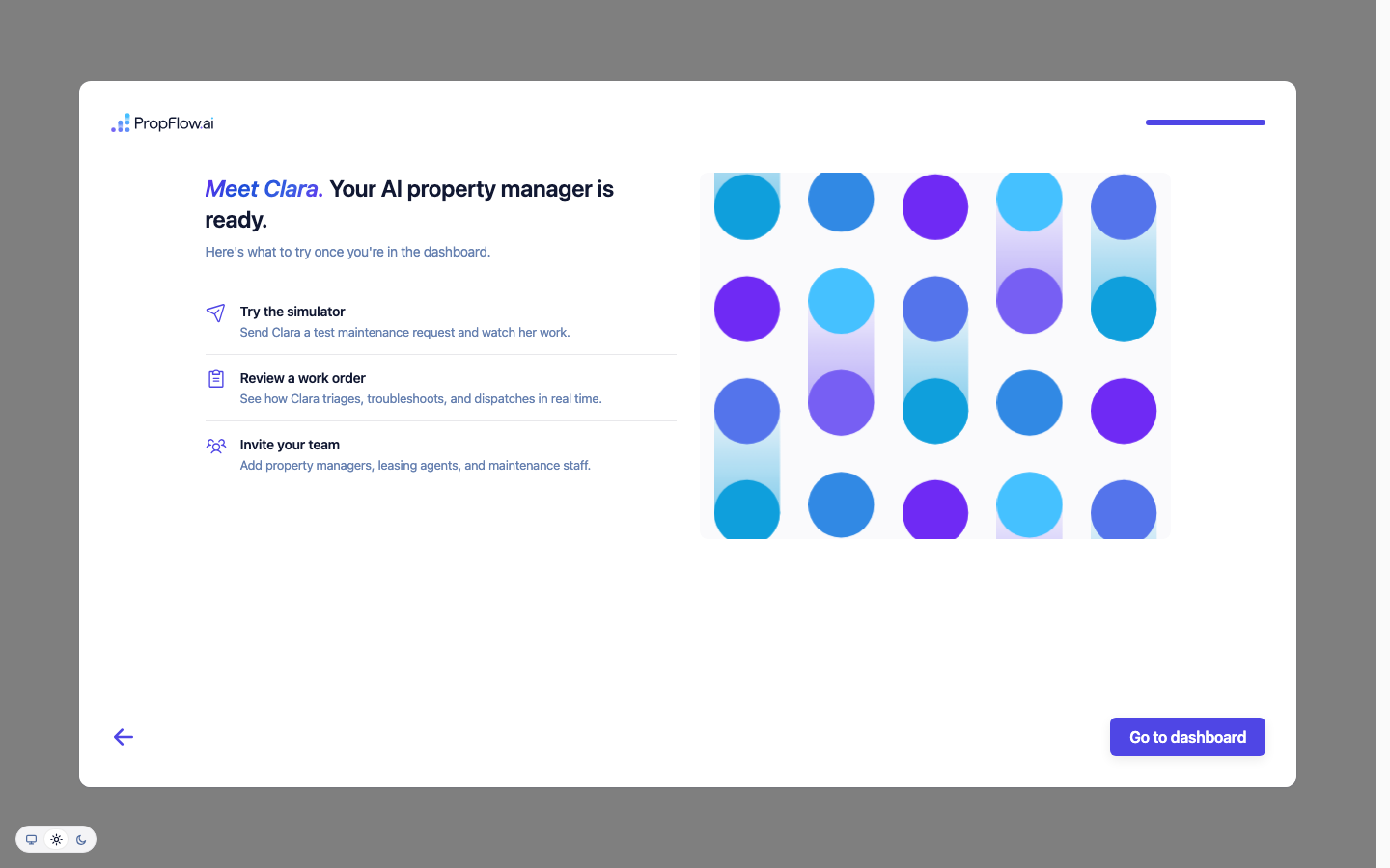 Meet Clara, three suggested next steps, Go to dashboard button