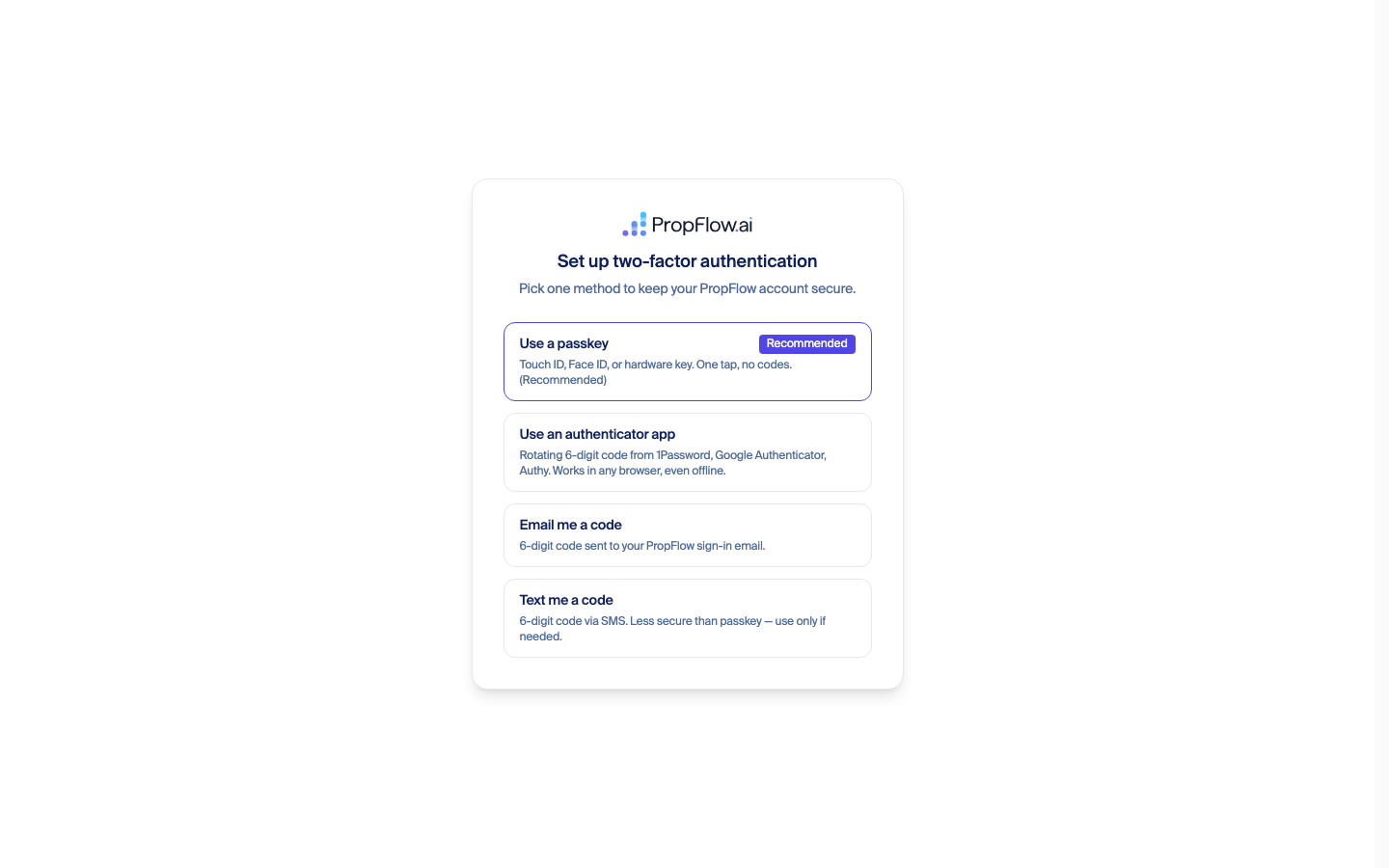 Set up two-factor authentication, four methods offered