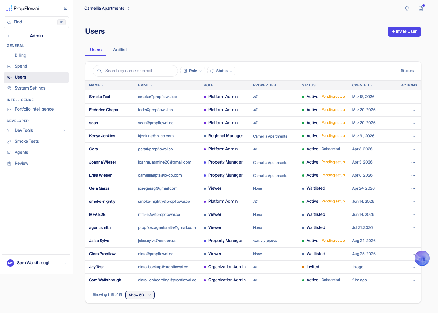 Admin Users page listing 15 users across the platform including Platform Admin and other staff