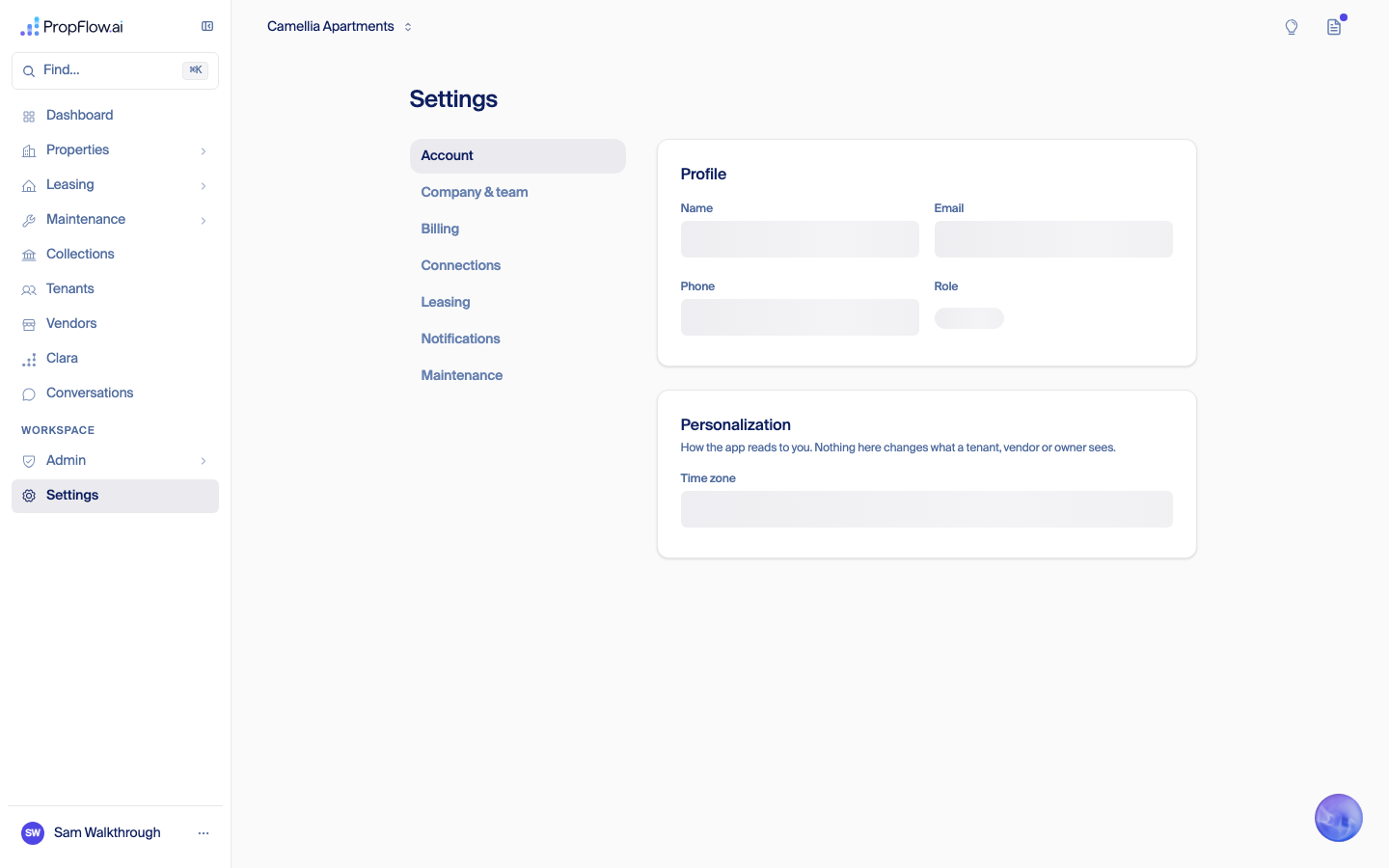 Settings page, left rail nav, profile fields
