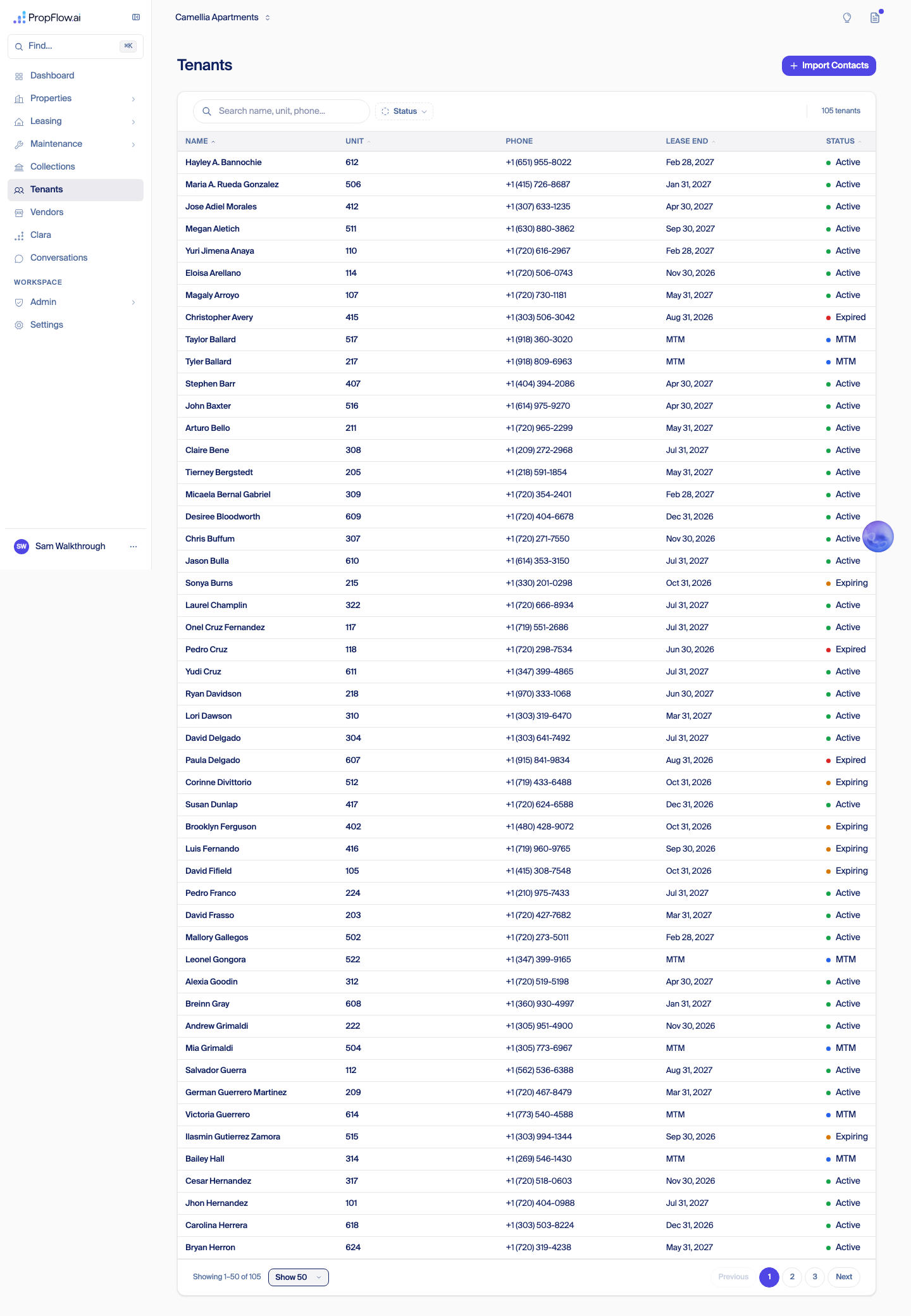 Tenants list with real names, phone numbers, lease end dates