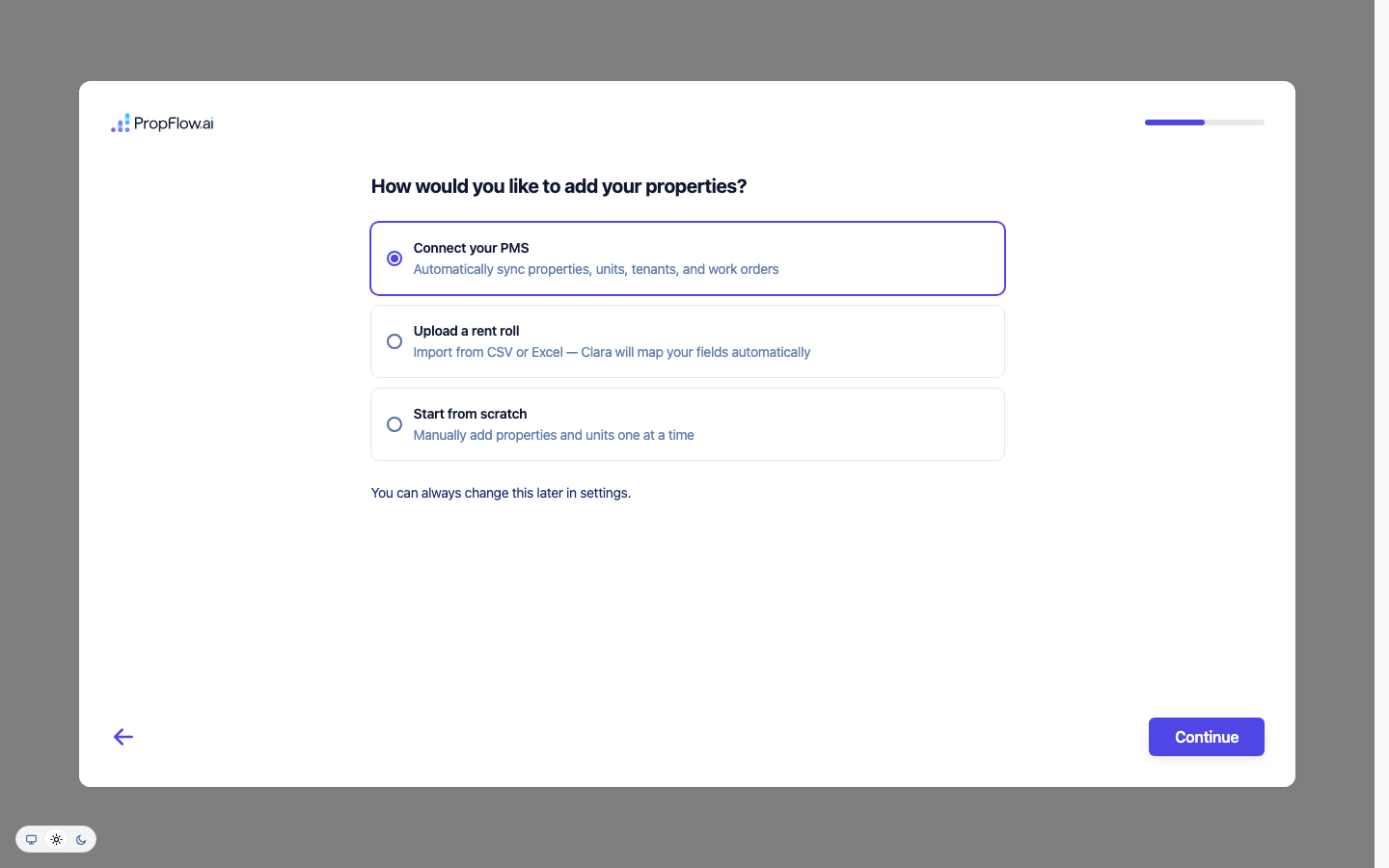 Connect PMS, upload rent roll, or start from scratch