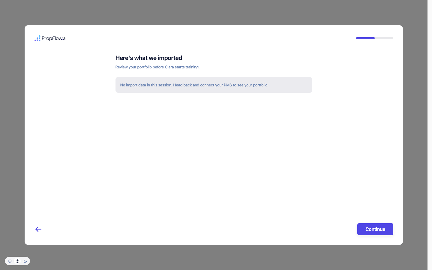Here's what we imported, No import data in this session, Continue enabled