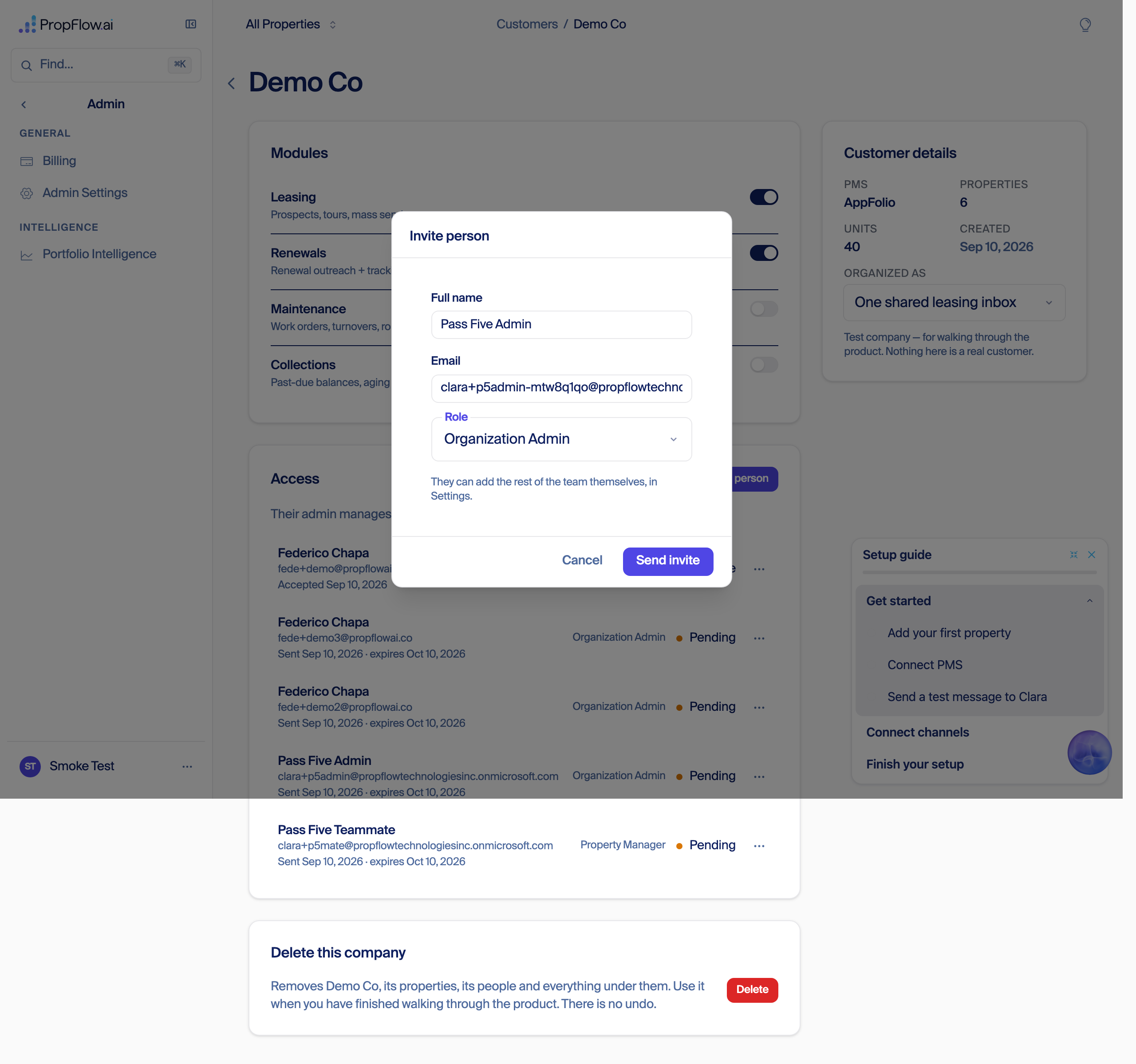 Invite person dialog with full name, email, and Organization Admin role