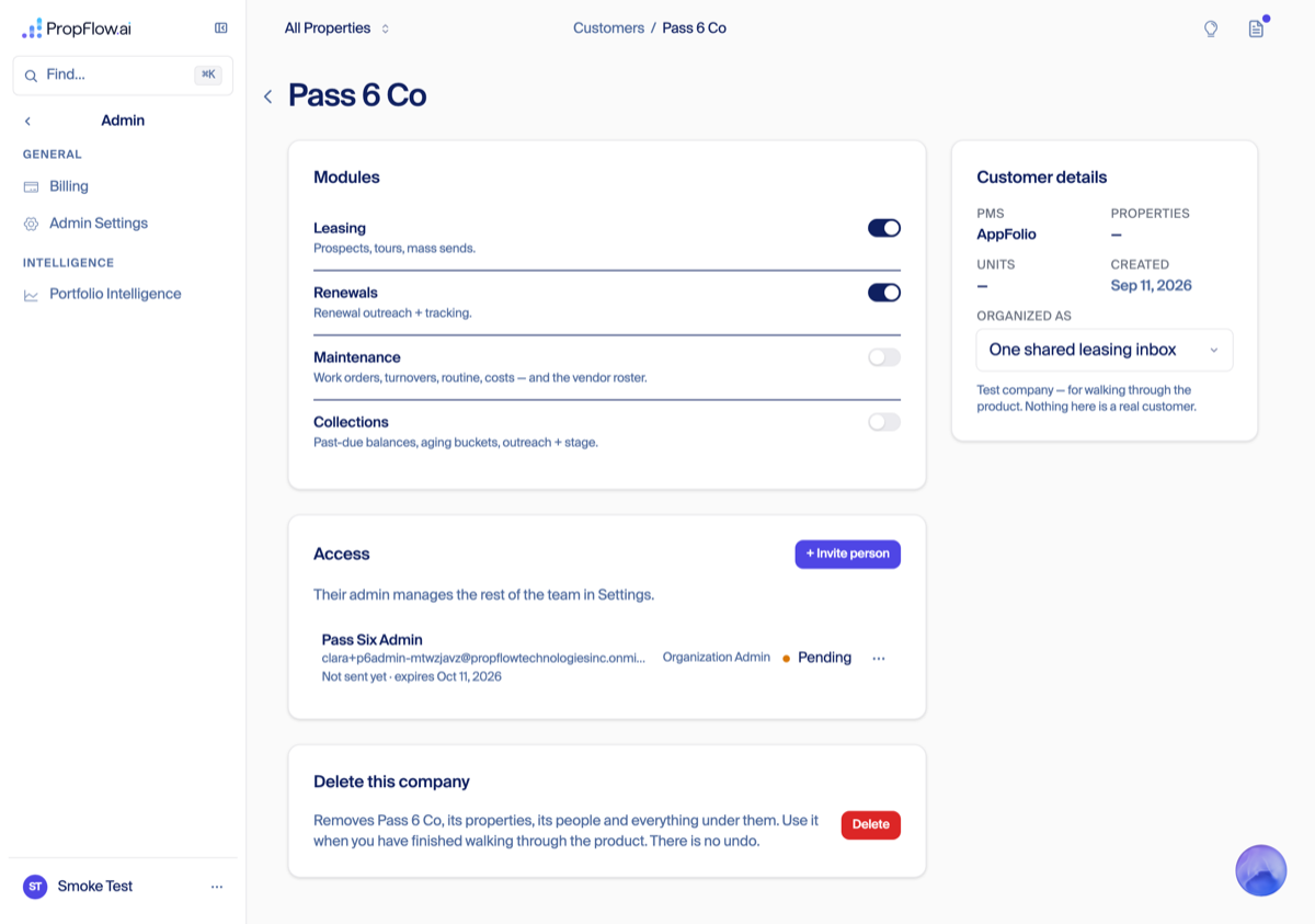 Fresh Test company created in the back office