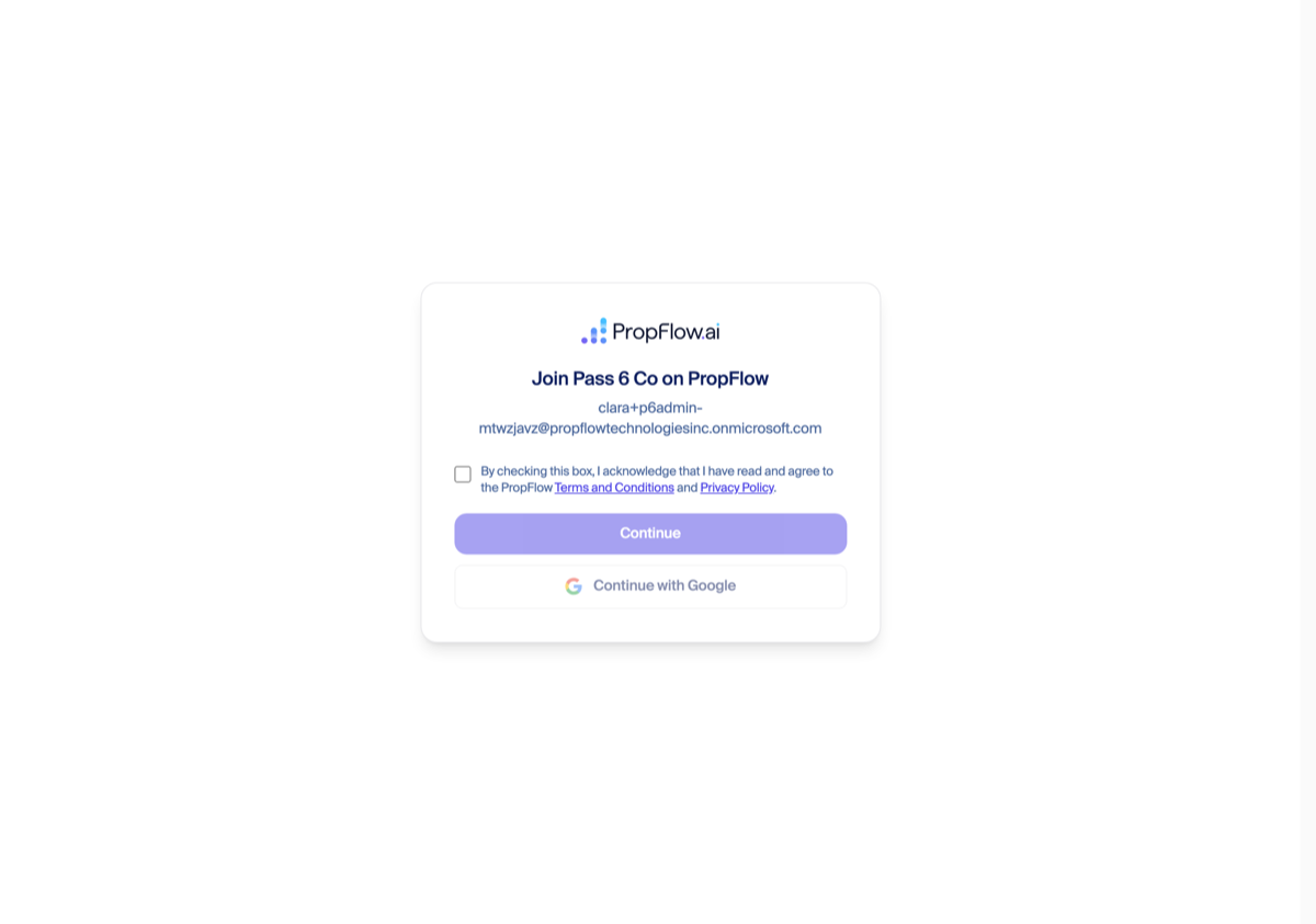 Accept invite screen with terms checkbox and Continue