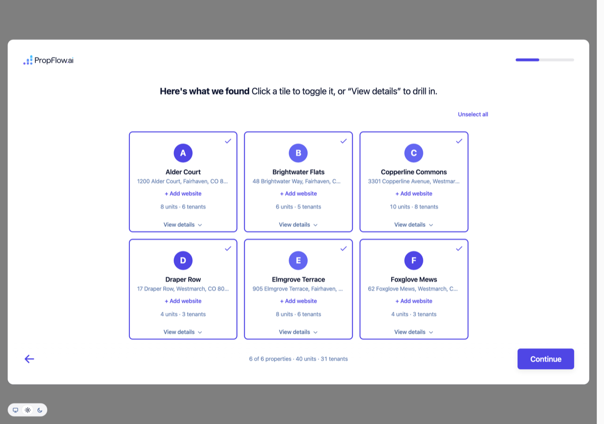 AppFolio buildings picker showing 6 of 6 properties, 40 units, 31 tenants