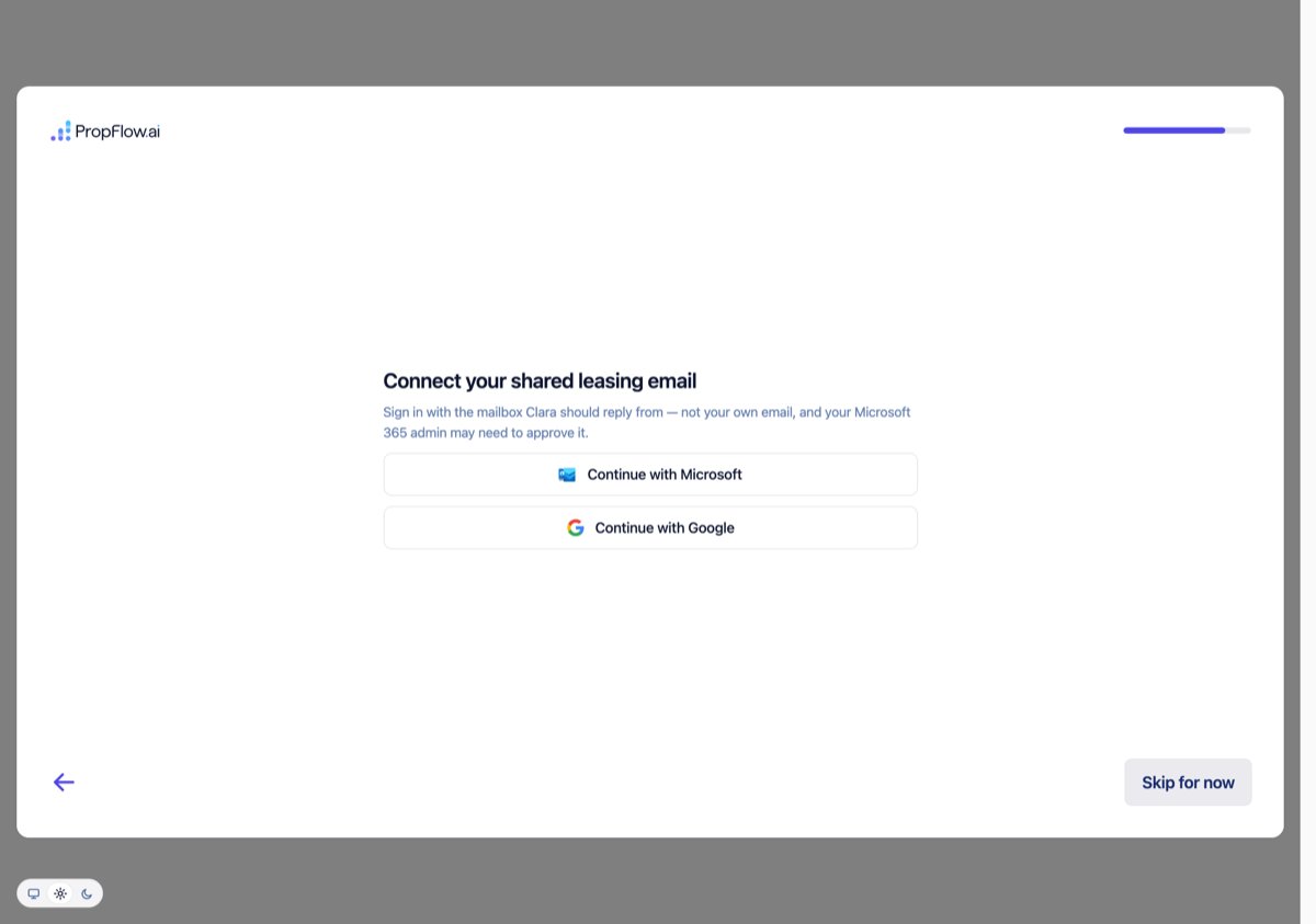 Connect your shared leasing email: one screen with Continue with Microsoft, Continue with Google, Skip for now