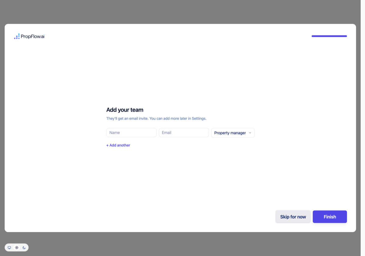 Add your team step with a name and email field, Skip for now button present