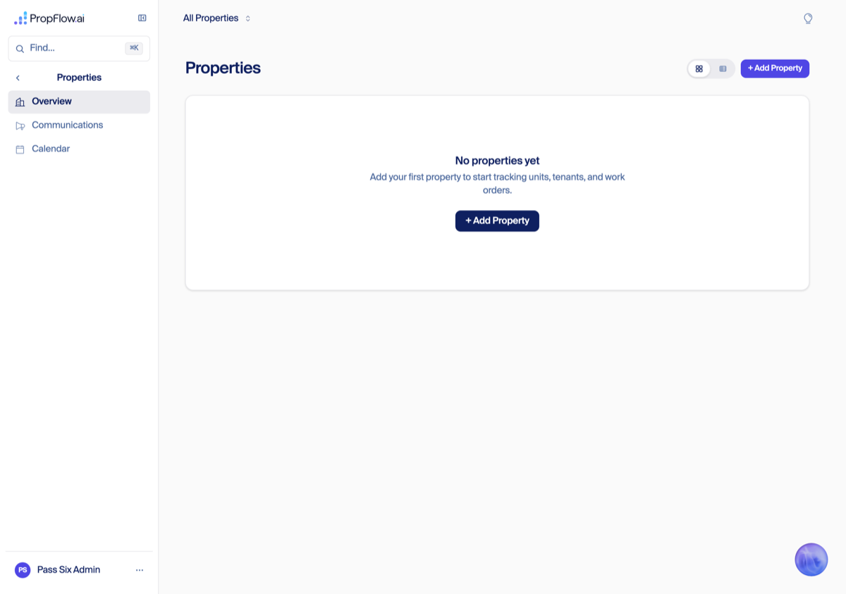 Properties page: No properties yet, Add your first property — a real empty state, not a redirect back into onboarding