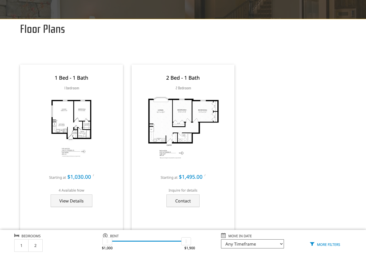 The Mason floor-plan page on RentCafe with live pricing and availability